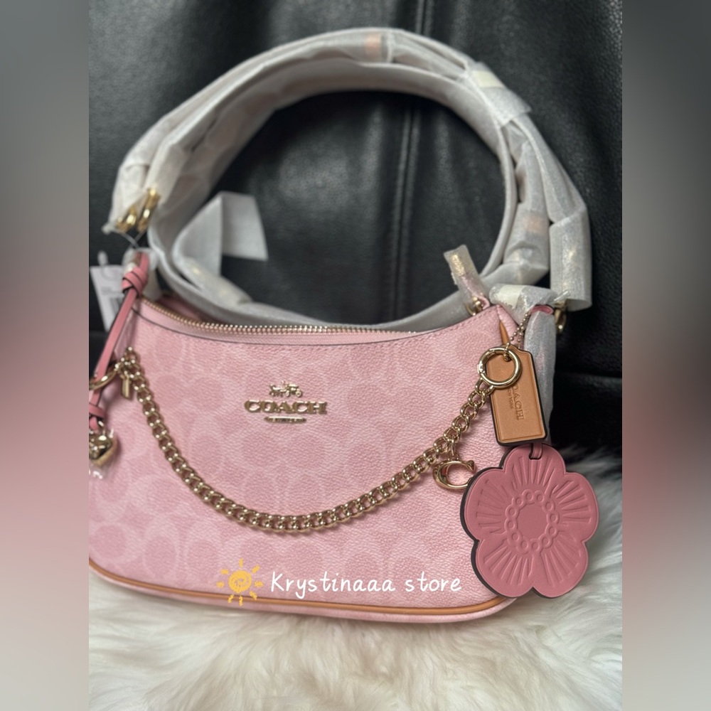 NWT Coach Gold Powder Pink Teri Shoulder Bag Signature with Charms CEA20 - Picture 4 of 11
